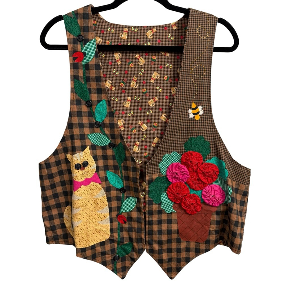 Vintage Handmade Patchwork Cat & Flower Appliqué Vest Women’s Size Large